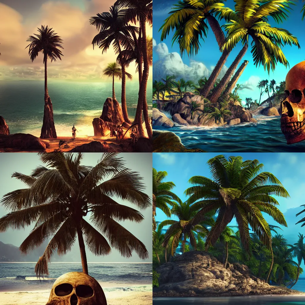 Prompt: pirate bay, palm trees, big skull rock, 4k, trending on artstation