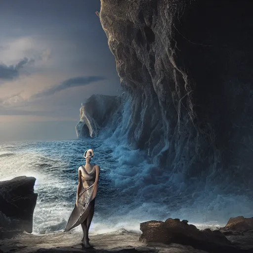 Prompt: photograph with stylish lens effect, stylistic lighting, 1 9 8 0's sci - fi style, extremely epic, hyppereality, weta digital, octane render, a woman in a wild salacious flamboyant foam rubber costume standing in the cliffside entrance to a cave alongside crashing dramatic ocean waves with sea foam and sea spray, an ancient greek trireme