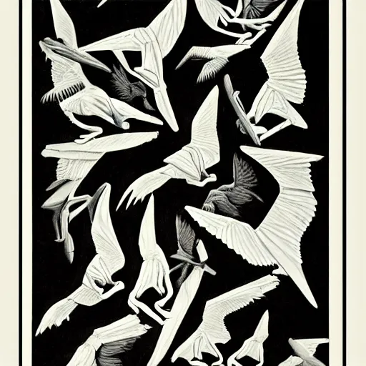 Prompt: escher print of pterodactyls