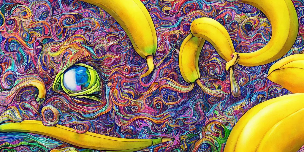 Image similar to banana hat, acrylic on canvas, realism movement, breathtaking detailed, by android jones, alex grey, chris dyer, and aaron brooks, photorealistic