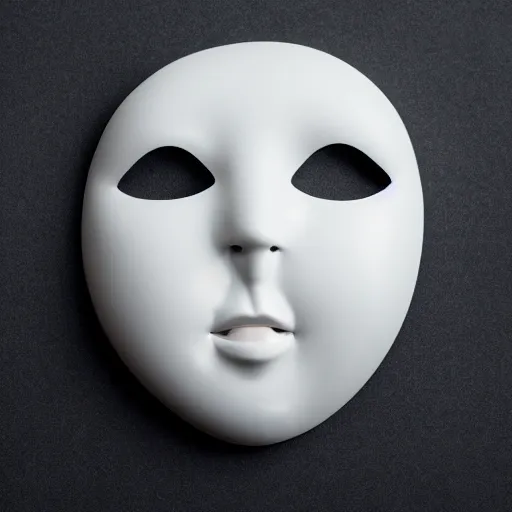 Prompt: professional photograph of a white porcelain mask, female face shaped, floating, black background, light source on top, front view