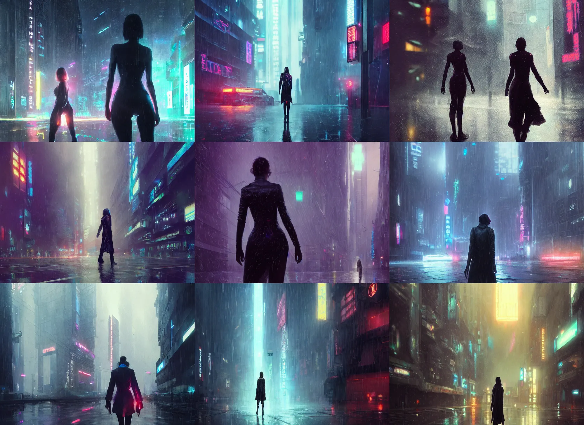 Prompt: giant holographic female standing in the rainy streets, cyberpunk, blade runner, futuristic, intricate, sharp focus, lens flare, bloom, illustration, highly detailed, digital painting, concept art, matte, art by ruan jia and wlop and greg rutkowski, masterpiece