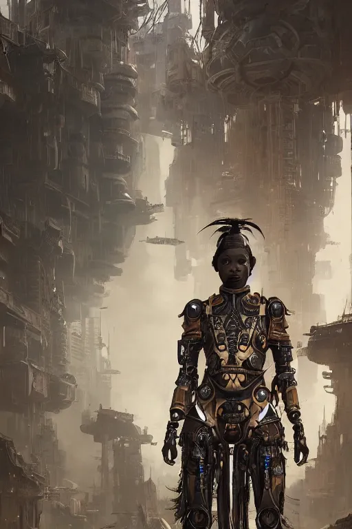 Image similar to a portrait of a tribal women with sci-fi armour standing in the foreground of a mechanical city by Greg Rutkowski, Sung Choi, Mitchell Mohrhauser, Maciej Kuciara, Johnson Ting, Maxim Verehin, Peter Konig, final fantasy , mythical, 8k photorealistic, cinematic lighting, HD, high details, atmospheric,