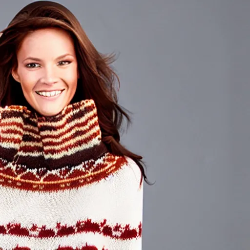 Prompt: model wearing a sweater of bacon weave!, product photo, jc penny catalog