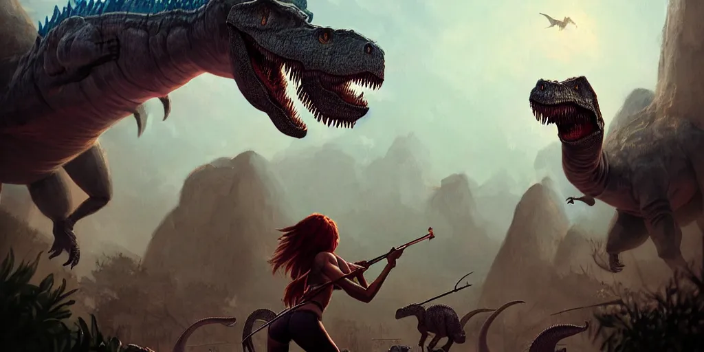 Image similar to mia khalifa fighting dinosaurs, detailed intricate illustration, dark atmosphere, detailed illustration, hd, 4 k, digital art, overdetailed art, by greg rutkowski, by loish, complementing colors, trending on artstation, deviantart