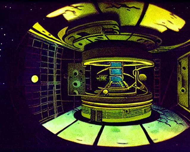 Prompt: low angle shot of a space station at night, aquatic plants, coral, shabby chic, cinematography by Jim Jarmusch, composition by Max ernst, in the style of Ilya Kuvshinov, set design by Antonin Gaudí, 35mm, graflex, color film photography
