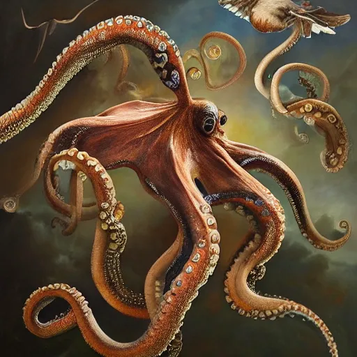 Image similar to an octopus with wings flying with birds, oil on canvas, portrait, intricate, 8k highly professionally detailed, HDR, CGsociety