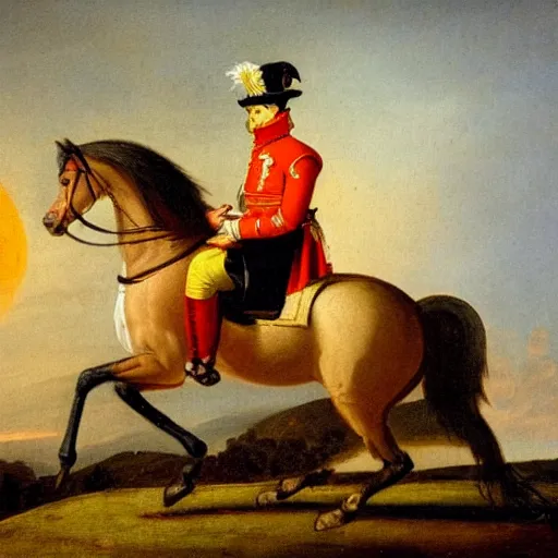 Image similar to a 1 8 th century painting of napoleon riding a horse with sunset in venice