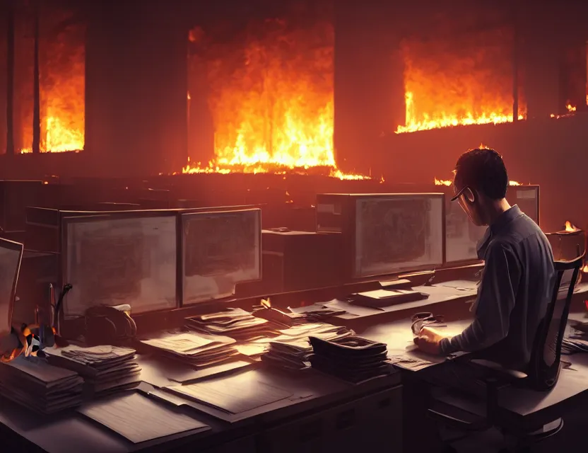 Image similar to a man works at a workstation in a very big office with burning fires, close up, featured in artstation, intricate, ultra detailed, unreal engine, concept art, wide - angle lens, sharp focus, illustration, 8 k