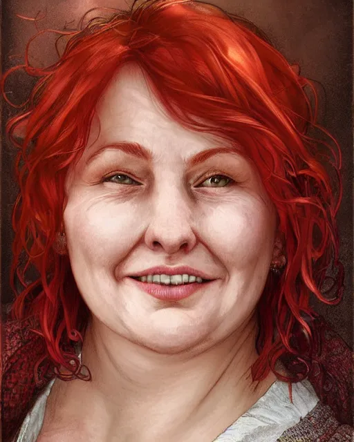 Image similar to portrait of happy short and plump 5 0 - year - old woman with red hair and, kind face, round face, short hair, molly weasley, wearing in cardigan, hyper realistic face, beautiful eyes, close up, fantasy art, in the style of greg rutkowski, intricate, alphonse mucha, hyper detailed, smooth