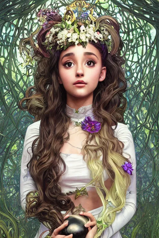 Prompt: beautiful cottagecore Ariana Grande holding a Black Onion, psychedelic Hair, magical forest, intricate, elegant, highly detailed, digital painting, artstation, concept art, smooth, sharp, focus, illustration, art by artgerm and greg rutkowski and alphonse mucha