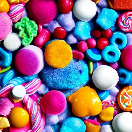 Image similar to !dream A world made entirely of candy, where the sky is a deep blue and the sun is a giant marshmallow. The ground is soft and bouncy like cotton candy, and every creature is some kind of dessert. Multi-compositional image with food photography.