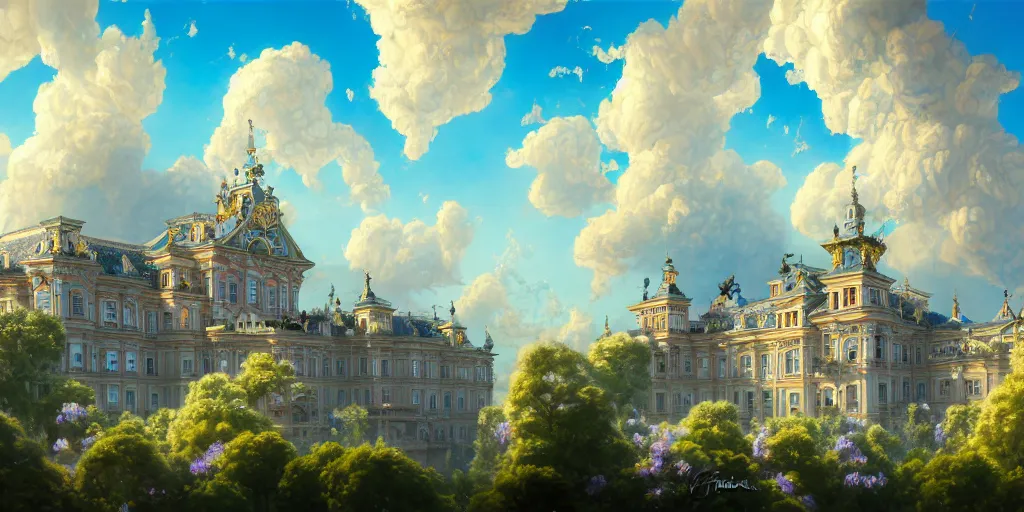 Prompt: A realistic painting of The Cat and its Rococo Palace in the sky with blue flowers and clouds, in the style of Krenz Cushart, Moebius, and Muchain, Prismatic, Rococo, Pearlescent, reflective, shimmering, highly detailed, masterpiece, dreamy, concept art, Cinema lighting, 8k, trending on artstation