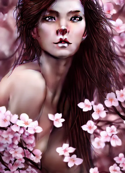 Image similar to photo of a gorgeous female with messy hair in the style of stefan kostic, realistic, body shot, sharp focus, 8 k high definition, insanely detailed, intricate, elegant, art by stanley lau and artgerm, cherry blossoms