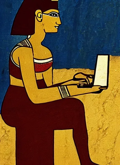 Image similar to ancient egypt painting girl using computer, 4 k, high quality, sharp fucos