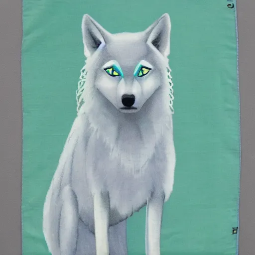 Prompt: pale blue wolf with green handkerchief