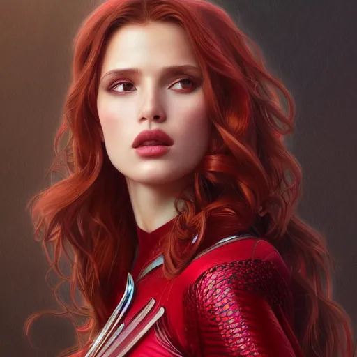 Image similar to ultra realistic illustration, bella thorne as scarlet witch, intricate, elegant, highly detailed, digital painting, artstation, concept art, smooth, sharp focus, illustration, art by artgerm and greg rutkowski and alphonse mucha