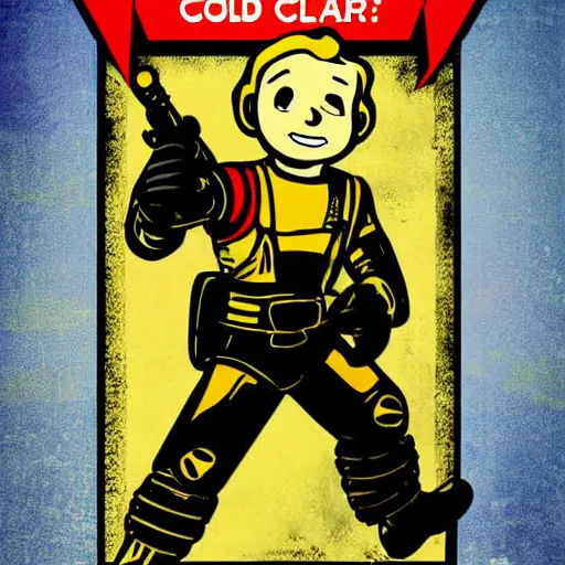 Image similar to digital art cold war poster of vault boy from fallout 3 game,