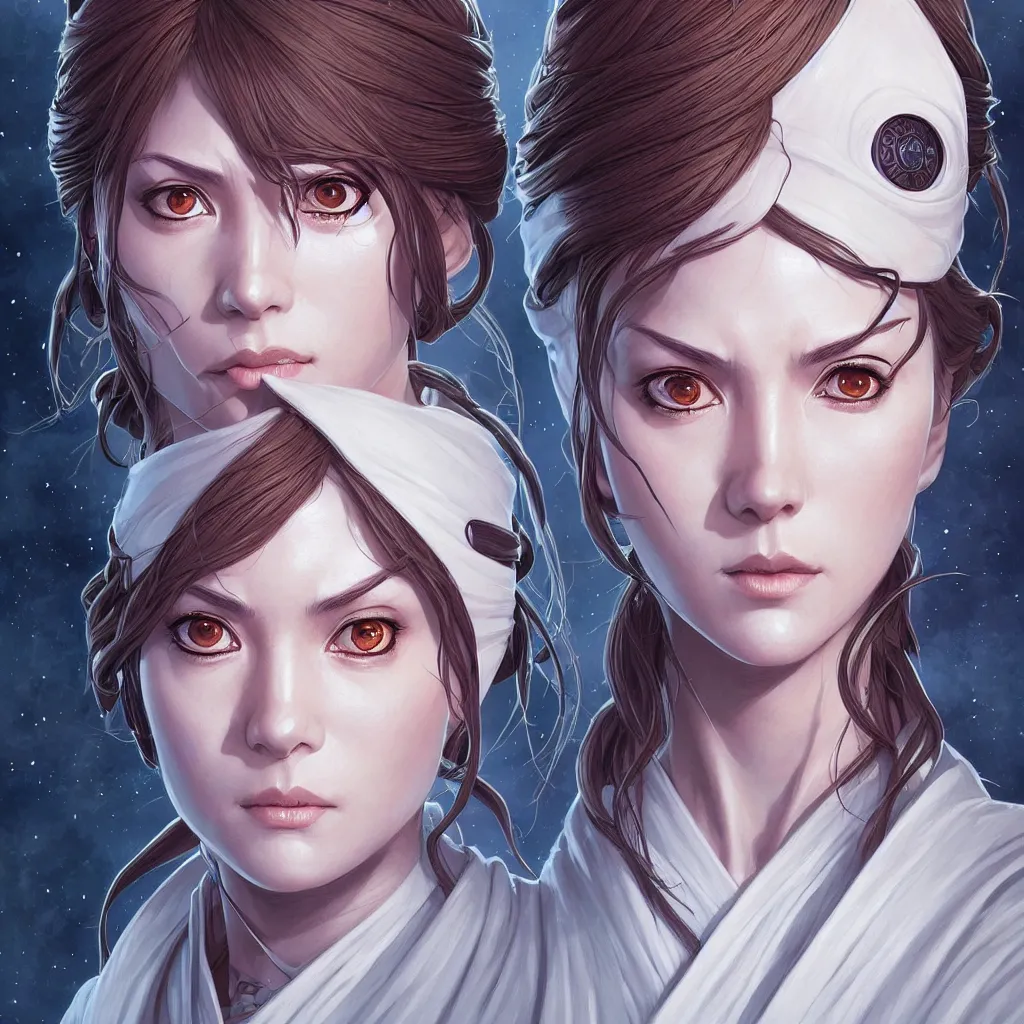 Image similar to one female jedi master, wearing the traditional jedi robe, beautiful and uniquely odd looking, detailed symmetrical close up portrait, intricate complexity, in the style of artgerm and ilya kuvshinov, magic the gathering, star wars art