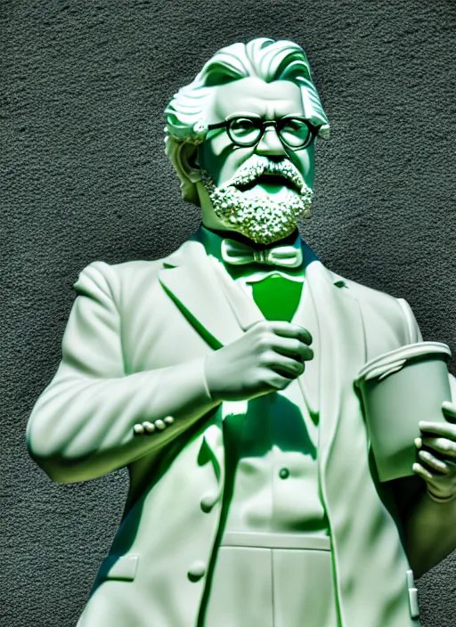 Prompt: colonel sanders as green marble statue by michaelangelo, high lights, 4 k, high detailed photography, 5 0 mm lens, depth of field, cinematic