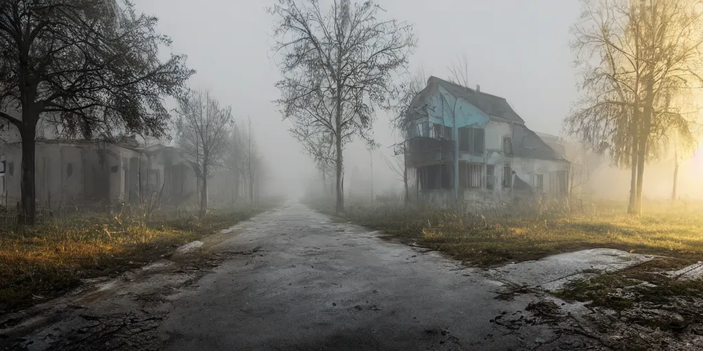 Prompt: abandoned houses, dilapidated Chernobyl city street, fog, rain, volumetric lighting, beautiful, golden hour, sharp focus, ultra detailed, cgsociety