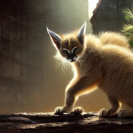 Image similar to intricate drawing of a cute fluffy caracal, cambodian fashion, cyberpunk ornaments, thin strands, porcelain skin, greg rutkowski, james gurney, john berkey, hyperrealistic, backlit