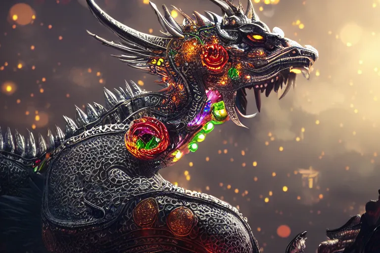 Image similar to cinematic shot of a silver chinese dragon intricately decorated with colorful jewels, detailed textures, midnight city lights, strong bokeh, dramatic lighting, unreal engine, cgsociety, artstation, 4k