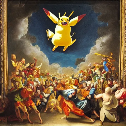 Prompt: Baroque painting of Pikachu invading Spain with a army of androids