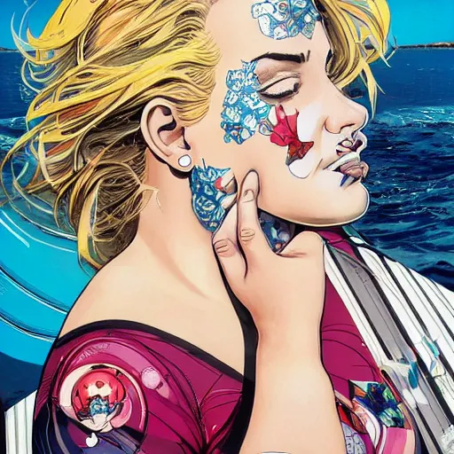 Prompt: a portrait of a fat blonde woman with side profile anime in ocean intricate details by MARVEL comics and Sandra Chevrier