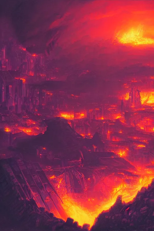 Image similar to a cyberpunk city in the crater of a volcano, lava flowing, smoke, fire, neon, industrial, by paul lehr, jesper ejsing