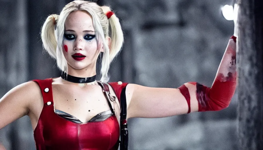 Image similar to beautiful jennifer lawrence as harley quinn, still from the dressing scene