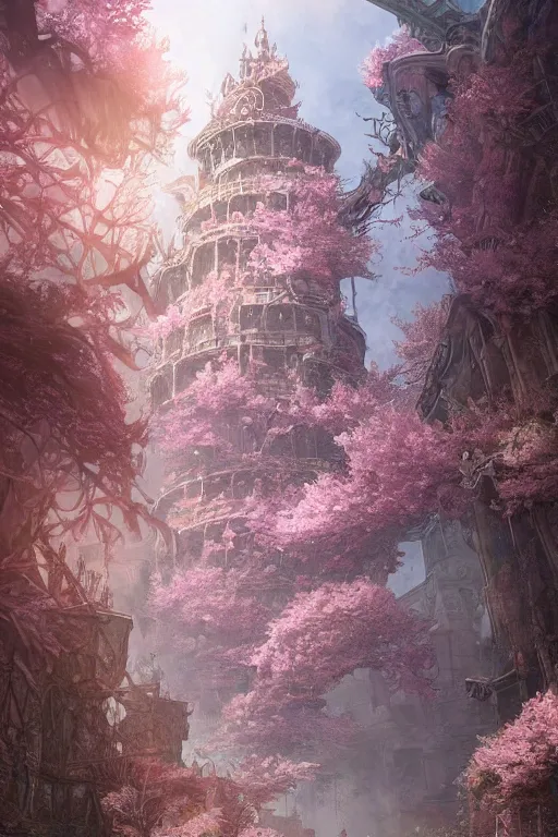 Image similar to hyperdetailed ancient wizard tower with sakura trees, cinematic highly detailed artstation hyperstylized illustrated by moebius and yoshitaka amano