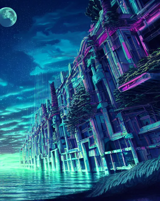 Image similar to reclaimed by nature by moon hoon, darkacademia atlantis cosmic san andreas at dawn neon signs tokyo synthwave universe, archdaily, wallpaper, highly detailed, trending on artstation.