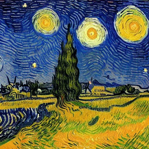 Prompt: A post-Impressionist oil painting of a night sky roiling with chromatic blue swirls, a glowing yellow crescent moon, and stars rendered as radiating orbs, over a village. A large stylized cypress tree is in the left foreground. By Vincent van Gogh, 1889.