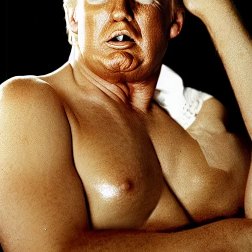 Image similar to hyper realistic photo of donald trump as a playboy model, proportional body