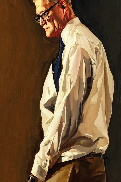 Image similar to hank hill painting by jc leyendecker!! phil hale!, angular, brush strokes, painterly, vintage, crisp