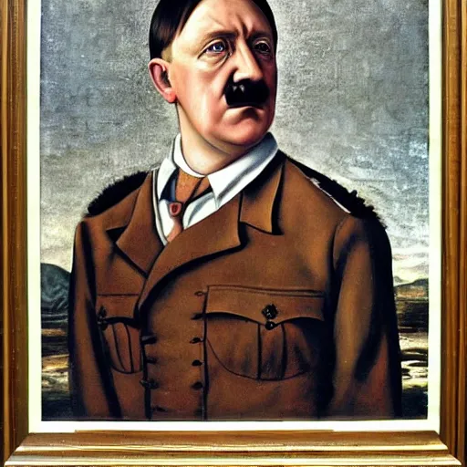 Prompt: ‘Portrait of Adolf Hitler in womens clothes, renaissance painting’
