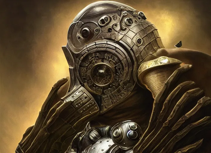 Image similar to mf doom with reptile eyes, bioshock big daddy, silver metal shiny skin. intricate, elegant, highly detailed, centered, digital painting, artstation, concept art, smooth, sharp focus, illustration, artgerm, tomasz alen kopera, peter mohrbacher, donato giancola, joseph christian leyendecker, wlop, frank frazetta