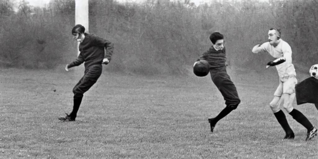 Prompt: marcel duchamp playing footbal with marcel broodthaers