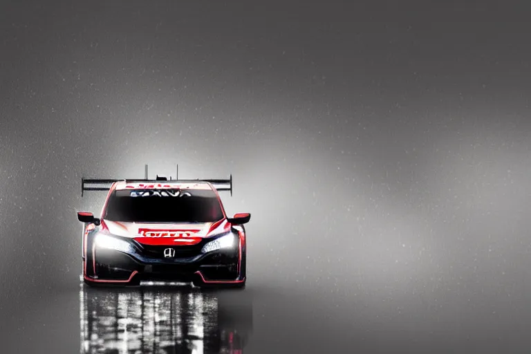 Prompt: Honda Civic 2022. Honda LMP1 car racing on dimly lit track overcast skies raining headlights illuminating track, volumetric lighting cinematic digital painting vray photo muted colors dark cinematic. front side view uncropped centered