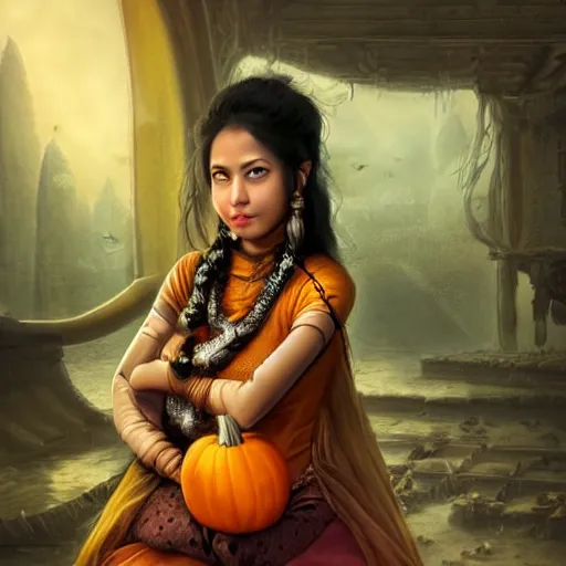 Prompt: A beautiful portrait of a pretty Nepali princess holding a pumpkin, in the style of romanticism, cinematic, character portrait, epic fantasy, 3d with depth of field, blurred background, female, nautilus. A highly detailed epic cinematic concept art CG render. made in Maya, Blender and Photoshop, octane render, excellent composition, cinematic dystopian brutalist atmosphere, dynamic dramatic cinematic lighting, aesthetic, stylized, very inspirational. Golden hour. detailed. hq. realistic. warm light. vibrant color scheme. highly detailed. muted colors. Moody. Filmic. Dreamy.