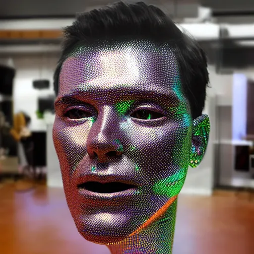 Image similar to a 3d human head made up of shiny holograms