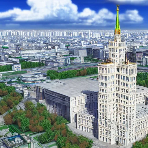 Image similar to moscow state university main building, aerial photography, 4 k, highly detailed photo by katsushika hokusai, musem exposition, unreal engine
