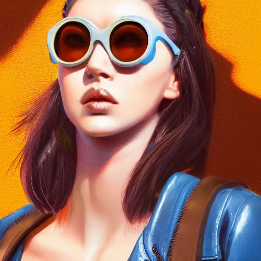 Image similar to closeup painting of a very beautiful young mexican cyberpunk woman with a smirk, wearing light blue shutter shades and a dark brown leather jacket, one side haircut, brown hair, portrait, hyperdetailed, artstation, cgsociety, 8 k, synthwave by tangerine dream