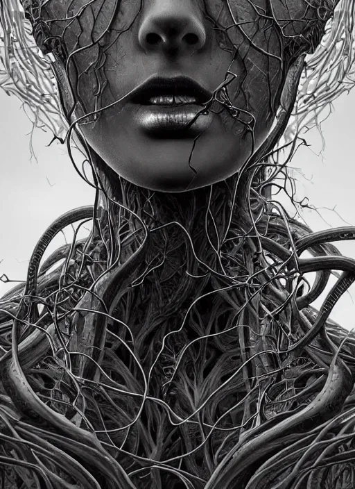 Prompt: a black and white high quality photo of a young beautiful female cyborg bust with a very long neck and mandelbrot fractal vines, dark fantasy, sharp focus, vibrant, vivid, symmetry, highly detailed, cinematic concept art by wlop, tooth wu, beksinski, emil melmoth