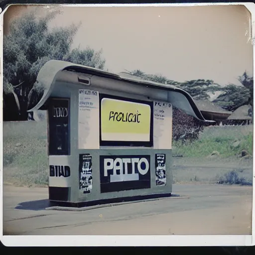 Prompt: old polaroid of futuristic african bus stops