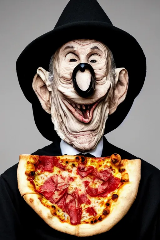 Image similar to portrait photo of an old wrinkled man, skinny face, bony face, long crooked nose, large gaping mouth, black pulcinella mask, masquerade mask, pointy conical hat, white wrinkled shirt, holding up a pizza, presenting a large pizza, close - up, skin blemishes, menacing, intimidating, masterpiece by peter lindbergh