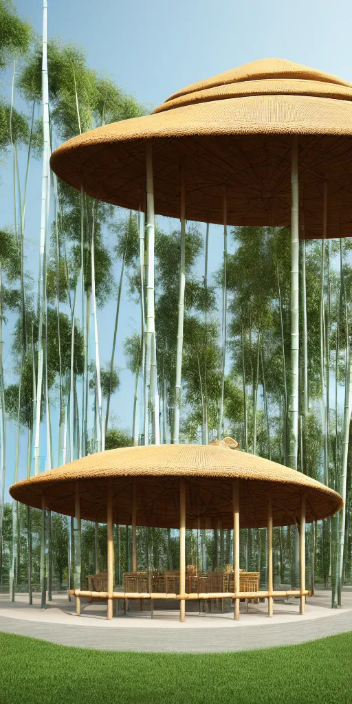 Image similar to photo of a bamboo pavilion with hundreds of thin steel round columns. corona render