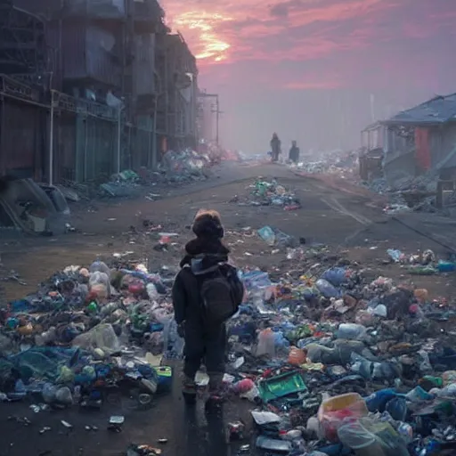 Image similar to poor detailed child with backpack standing at cars looking for food at garbage dump, destroyed cars, city is pure wasteland, moody sunset in background, greg rutkowski, alphonse mucha, trending on artstation, artgerm, unreal engine, breathtaking, award winning, highly detailed