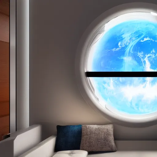 Image similar to futuristic interior design, living room in a spaceship with a window facing earth and the sun, photorealistic, ultra-detailed, 4k high resolution, HDR shot, cinematic lighting